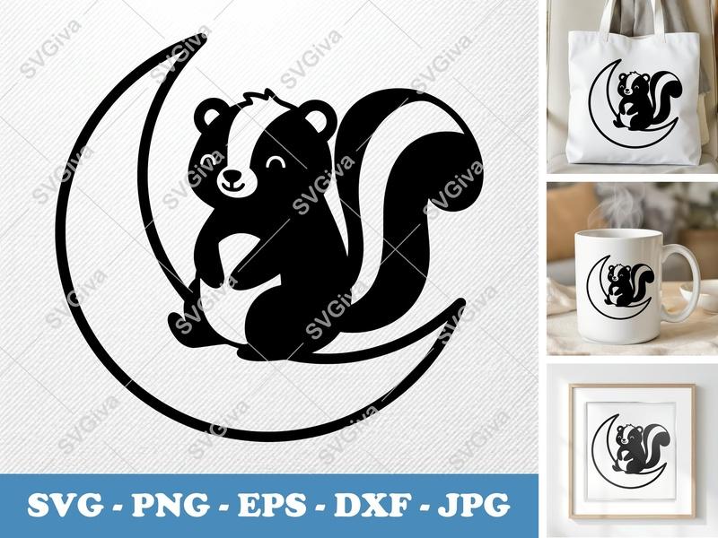 Skunk SVG, Cute Skunk on Moon, Celestial Animal Cut File | PNG EPS DXF | Cricut Silhouette Design, Nursery Decor