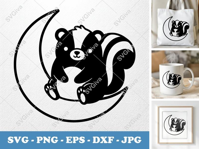 Skunk SVG | Cute Skunk on Moon Cut File | Kawaii Animal Vector | SVG, PNG, EPS, DXF for Cricut & Silhouette