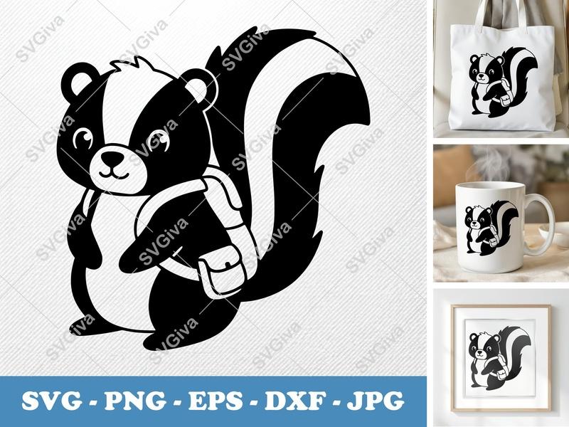 Skunk SVG, Cute Skunk with Backpack Cut File | Modern Animal Vector, Skunk PNG, EPS, DXF for Cricut & Silhouette