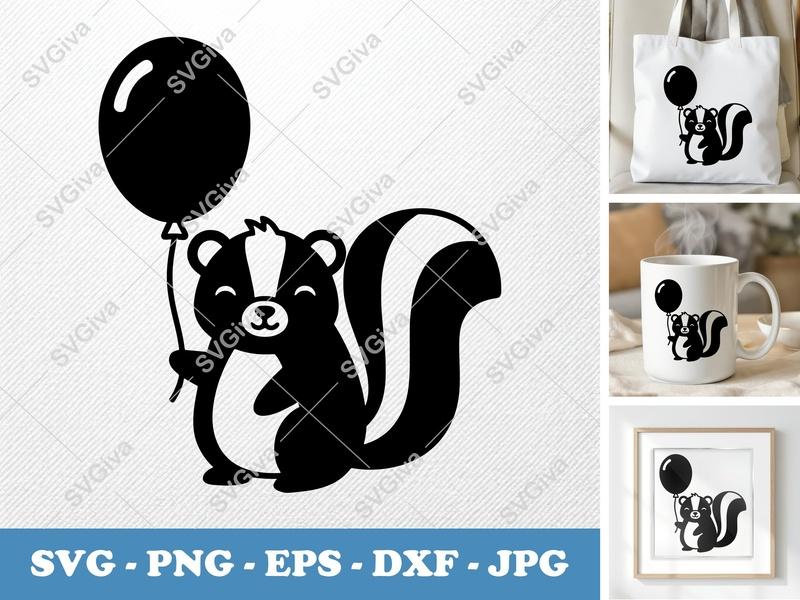 Skunk SVG, Cute Skunk with Balloon, Animal Cut File, Baby Skunk Clipart, PNG, EPS, DXF for Cricut & Silhouette
