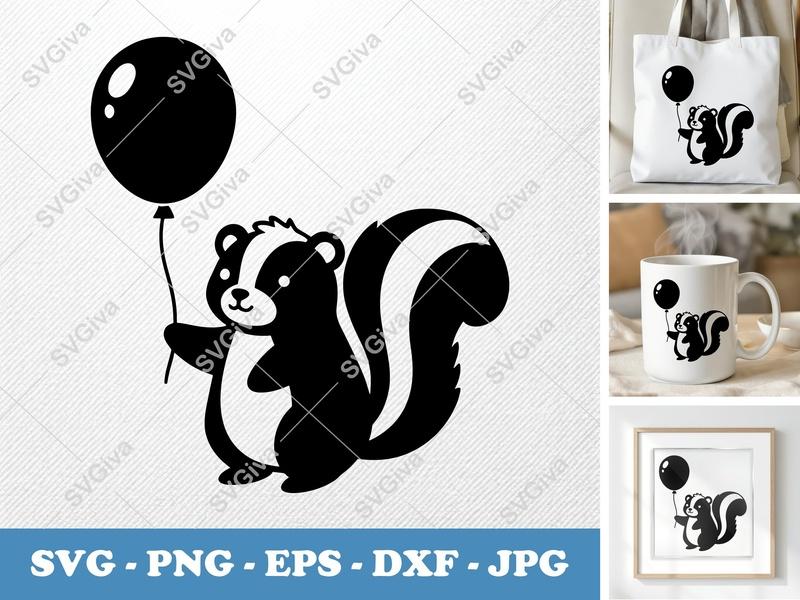 Skunk SVG | Cute Skunk with Balloon Cut File | Modern Animal Vector Art | PNG, EPS, DXF for Cricut & Silhouette