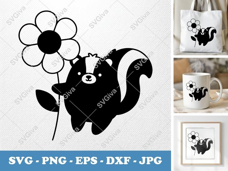 Skunk SVG, Cute Skunk with Flower, Animal Clipart, Black & White, PNG, EPS, DXF for Cricut & Silhouette