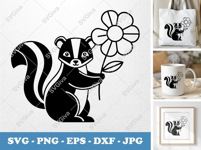 Skunk SVG, Cute Skunk with Flower, Animal Clipart, Modern Design | PNG EPS DXF for Cricut, Silhouette Cut File