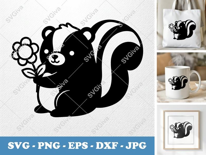 Skunk SVG | Cute Skunk with Flower, Animal Cut File for Cricut, Silhouette | PNG, EPS, DXF | Modern Cartoon Skunk Clipart
