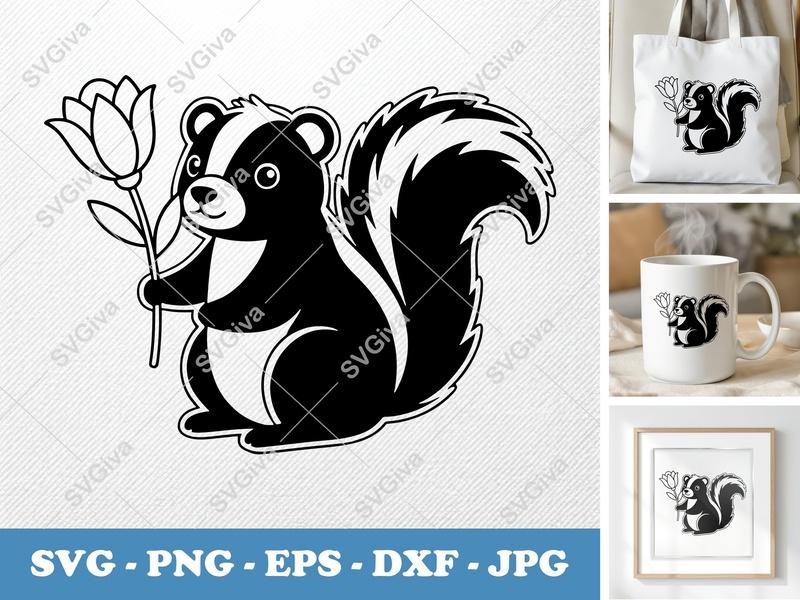 Skunk SVG, Cute Skunk with Flower Cut File, Animal Clipart, Digital Download for Cricut | Silhouette, PNG, EPS, DXF
