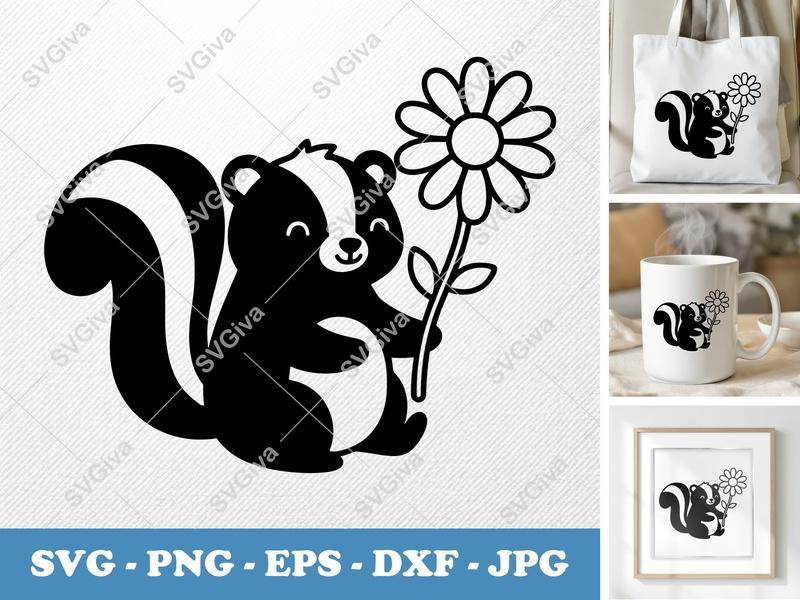Skunk SVG | Cute Skunk with Flower, Modern Animal Clipart | PNG EPS DXF for Cricut, Silhouette | Baby Shower Decor