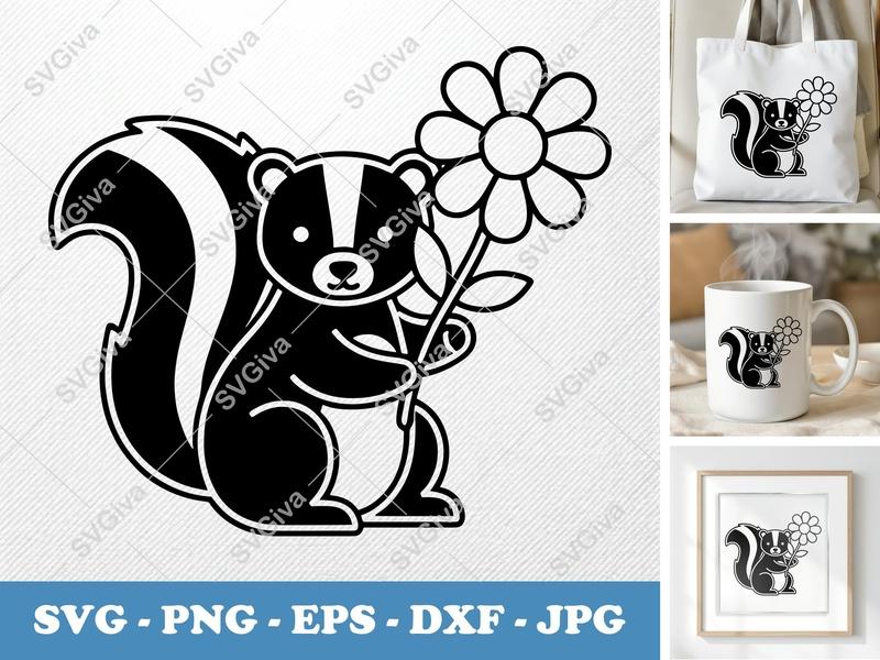 Skunk SVG, Cute Skunk with Flower, Modern Animal Cut File for Cricut, Silhouette | PNG EPS DXF Vector Clipart