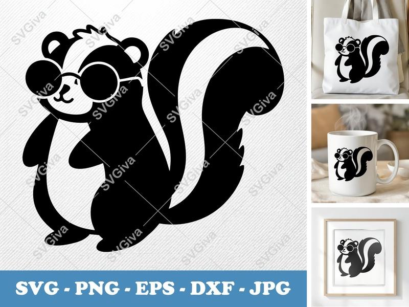 Skunk SVG | Cute Skunk with Glasses, Animal Clipart | PNG EPS DXF | Cricut & Silhouette Cut File, Modern Skunk Vector