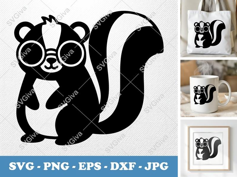 Skunk SVG, Cute Skunk with Glasses Cut File, Modern Animal Clipart, PNG EPS DXF for Cricut & Silhouette