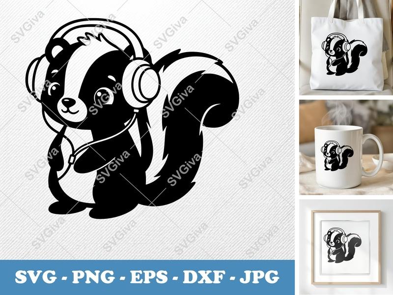 Skunk SVG | Cute Skunk with Headphones Cut File | Cartoon Animal PNG, EPS, DXF for Cricut & Silhouette | Music Lover Design