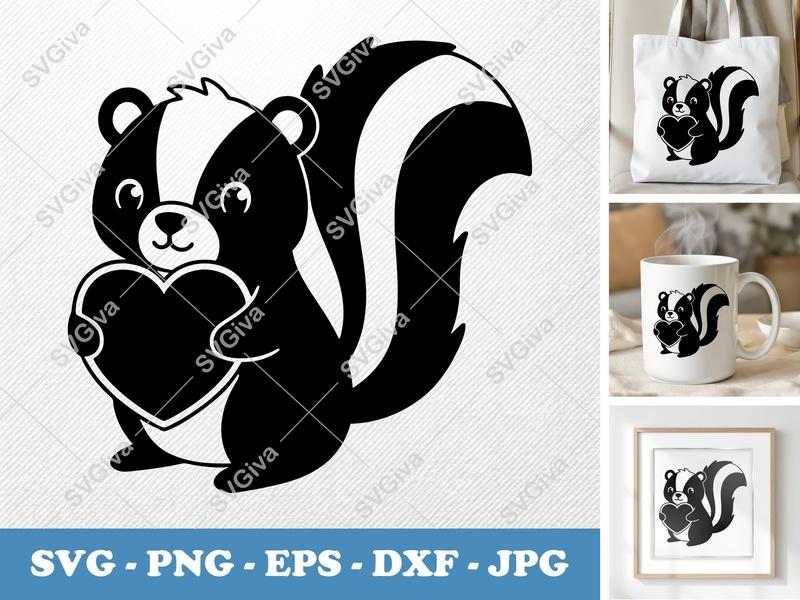 Skunk SVG | Cute Skunk with Heart Clip Art | Animal Vector Cut File | PNG EPS DXF for Cricut & Silhouette | Modern Clean Design