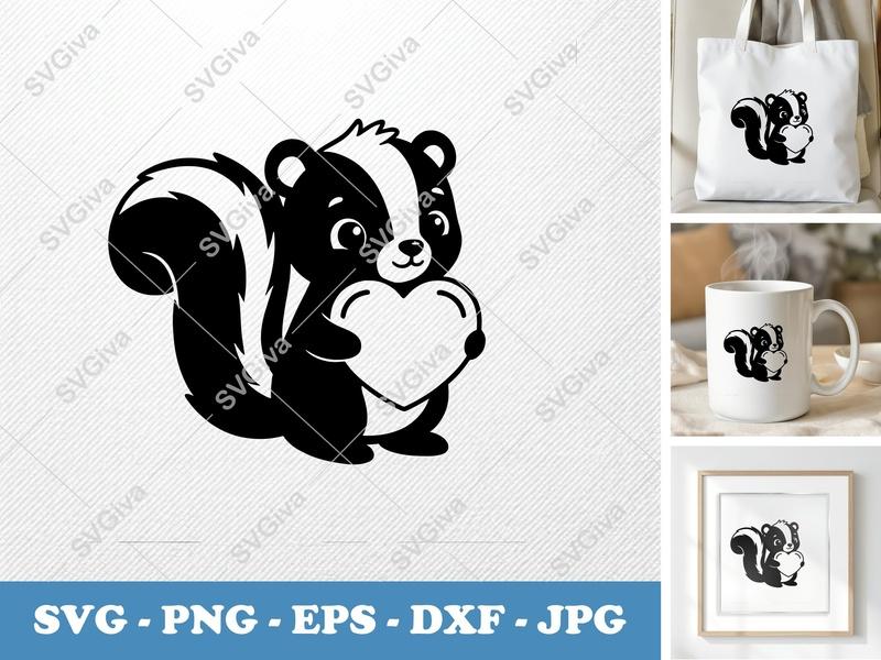 Skunk SVG, Cute Skunk with Heart, Kawaii Animal Cut File, Skunk Love PNG, EPS, DXF for Cricut, Silhouette, Vector Clipart