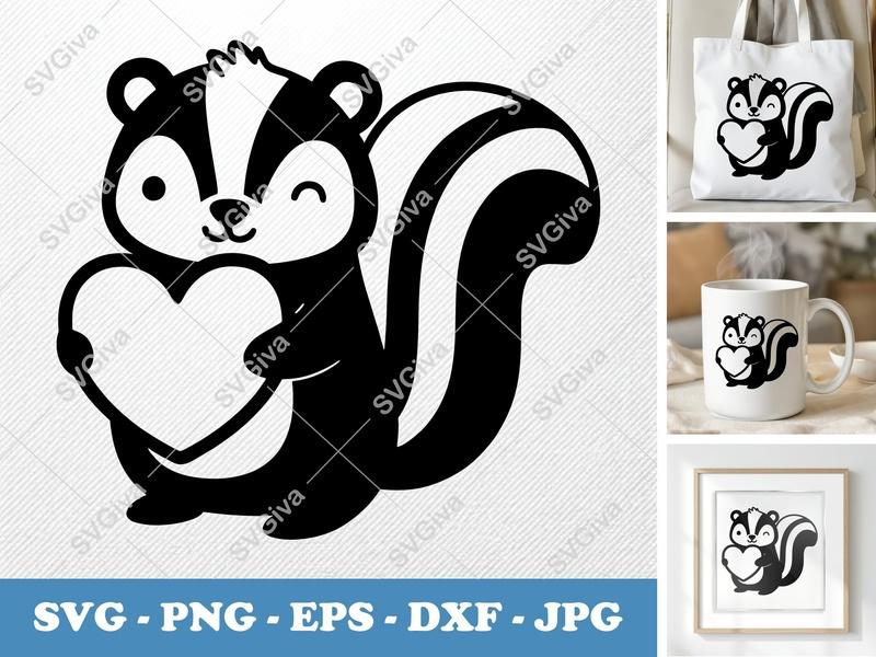 Skunk SVG, Cute Skunk with Heart, Skunk Love Clipart, PNG EPS DXF | Cricut & Silhouette Cut File, Valentine Animal