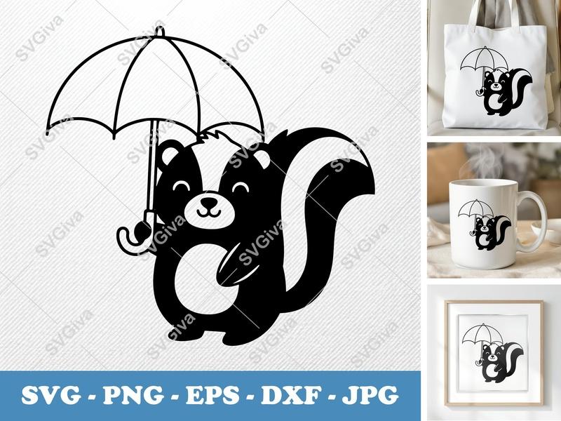 Skunk SVG, Cute Skunk with Umbrella, Cartoon Animal Cut File for Cricut | Silhouette, PNG, EPS, DXF, Vector Clipart