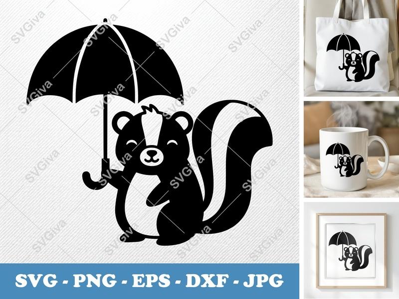 Skunk SVG | Cute Skunk with Umbrella Cut File | Modern Animal Clipart | PNG EPS DXF for Cricut, Silhouette