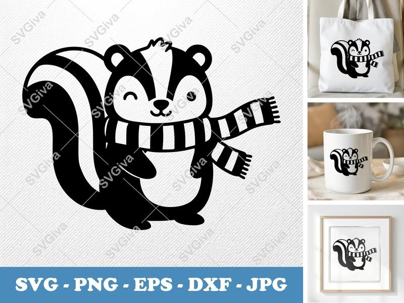 Skunk SVG | Cute Winter Skunk with Scarf Design, Animal Clip Art, PNG EPS DXF for Cricut & Silhouette