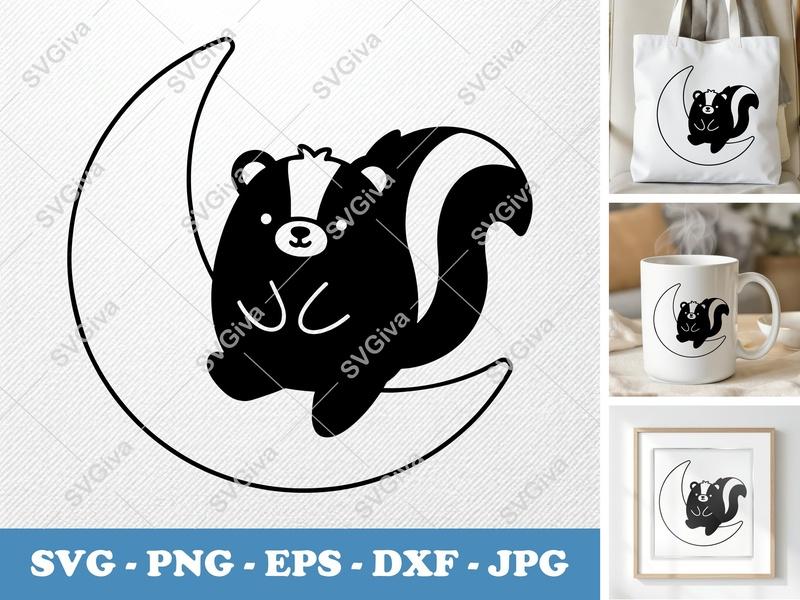 Skunk SVG on Moon | Cute Animal Cut File PNG EPS DXF | Cricut Silhouette Design | Modern Skunk Clipart Vector