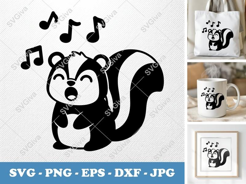 Skunk SVG, Singing Skunk Cut File, Cute Animal Skunk with Music Notes | PNG EPS DXF for Cricut, Silhouette