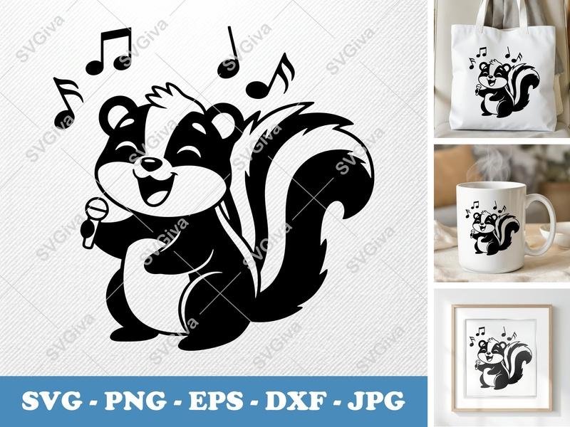 Skunk SVG, Singing Skunk with Microphone & Music Notes | Cute Animal Cut File PNG EPS DXF for Cricut, Silhouette
