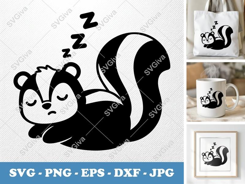 Skunk SVG Sleeping Animal Cut File | Cute Skunk PNG, EPS, DXF for Cricut & Silhouette | Modern Cartoon Vector Clipart