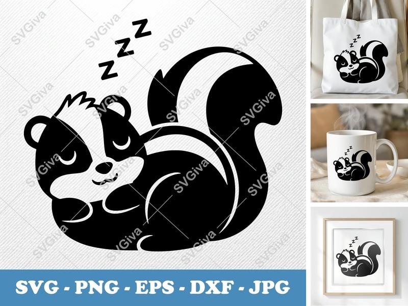 Skunk SVG | Sleeping Skunk Cut File | Cute Woodland Animal | PNG EPS DXF for Cricut & Silhouette | Modern Skunk Design