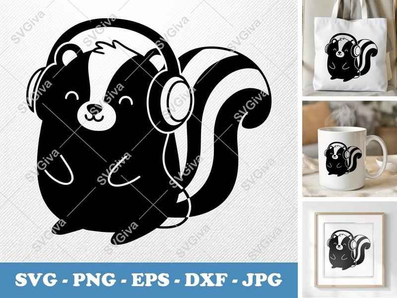Skunk Wearing Headphones SVG | Friendly Bean-Shaped Cut File | PNG, DXF, EPS for Cricut & Silhouette