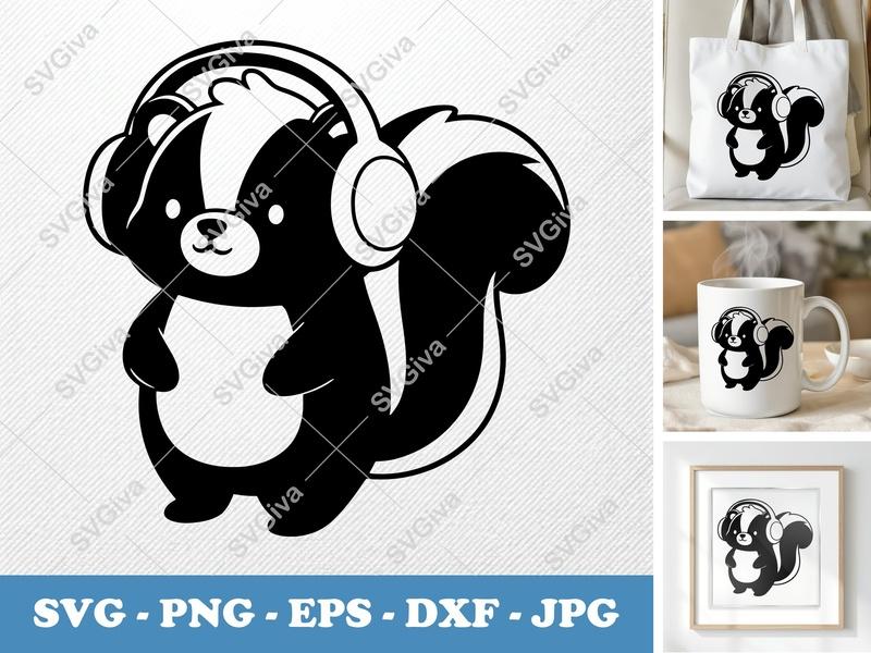 Skunk Wearing Headphones SVG | Puffy Cartoon Design | PNG DXF EPS | Cricut Silhouette File