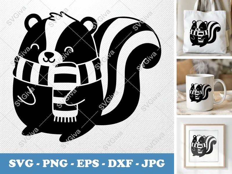 Skunk Wearing Scarf SVG | Friendly Rounded Bean-Shaped Cut File | PNG DXF EPS for Cricut Silhouette