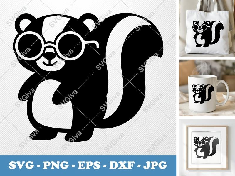 Skunk Wearing Sunglasses SVG | Puffy Cartoon Skunk Cut File | SVG, PNG, DXF, EPS for Cricut & Silhouette