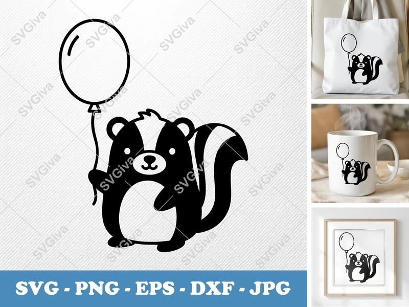 Skunk with Balloon SVG, Friendly Bean-Shaped Cut File | PNG DXF EPS for Cricut Silhouette