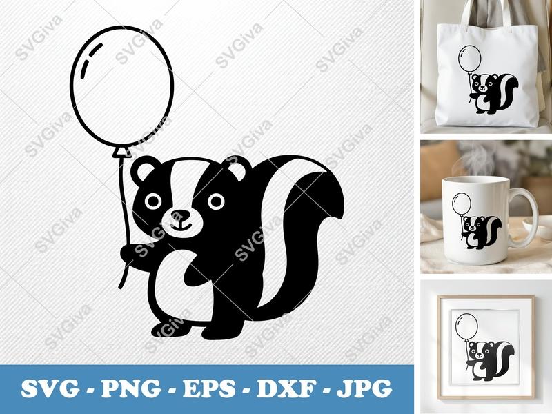 Skunk with Balloon SVG | Puffy Inflated Shapes | PNG, DXF, EPS | Cricut Silhouette File