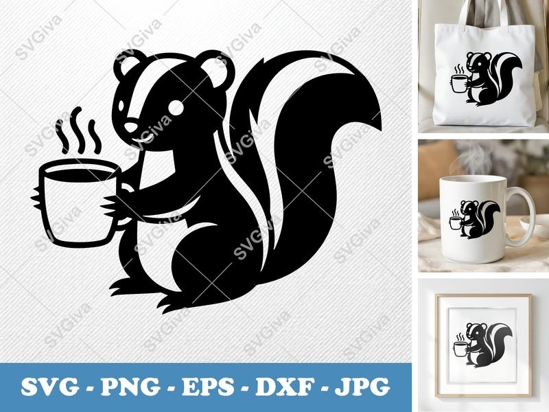 Skunk with Coffee Cup SVG | Minimalist Double-Outline Design | Thick Contour, Clean Balance | PNG DXF EPS | Cricut Silhouette File