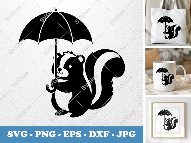 Skunk with Umbrella SVG | Cute Animal PNG, EPS, DXF Cut File for Cricut & Silhouette | Modern Skunk Clipart Design