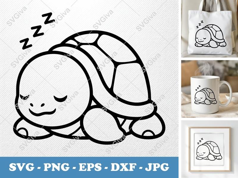 Sleeping Turtle SVG, PNG, DXF, EPS Files | Cute Animal Design for Cricut & Silhouette Crafts
