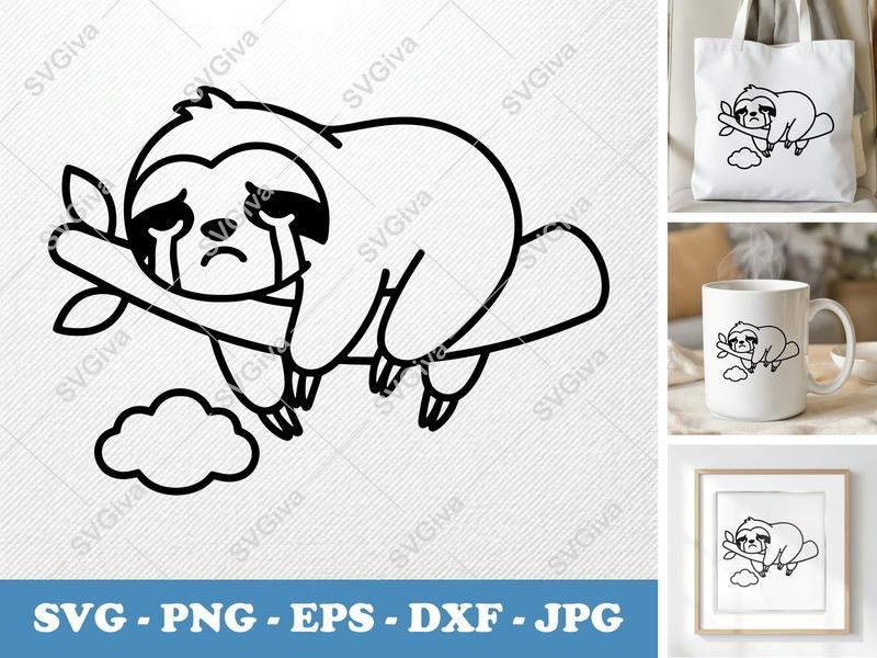 Sloth Crying SVG | Puffy Cartoon Sloth Cut File | Inflated Pillow Soft Design PNG DXF EPS | Cricut Silhouette