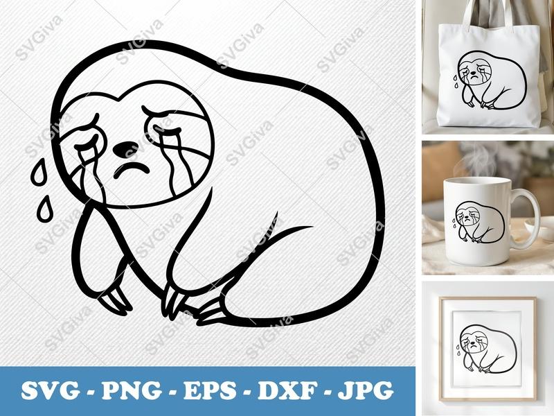 Sloth Crying SVG, Sad Sloth Cut File, Modern Animal Clip Art | PNG, EPS, DXF for Cricut & Silhouette