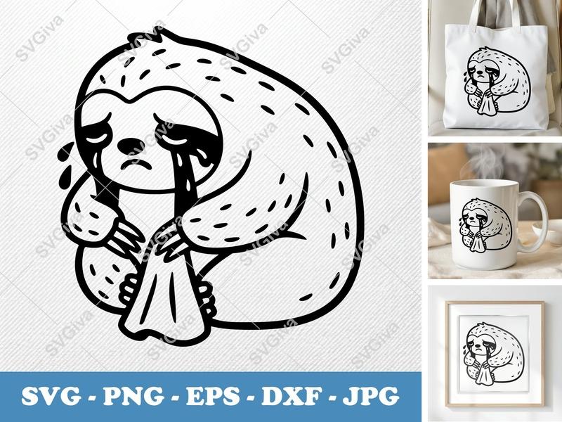 Sloth Crying SVG, Sad Sloth PNG, Weeping EPS, Tears DXF Cut File for Cricut & Silhouette, Modern Animal Clipart