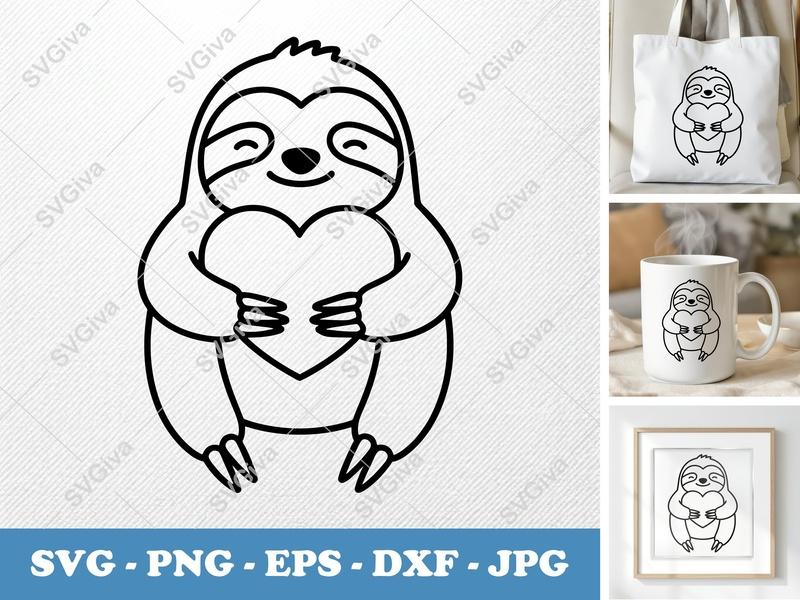 Sloth holding a heart SVG | Friendly Rounded Body Bean-Shaped Forms | PNG DXF EPS | Cricut Silhouette File