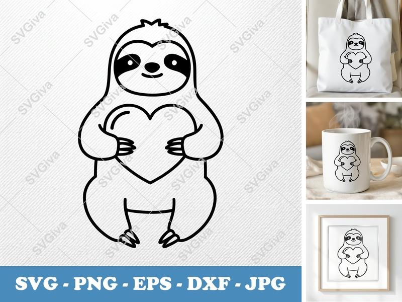 Sloth Holding Heart SVG | Minimalist Bold Outline | PNG DXF EPS | Cricut Silhouette File