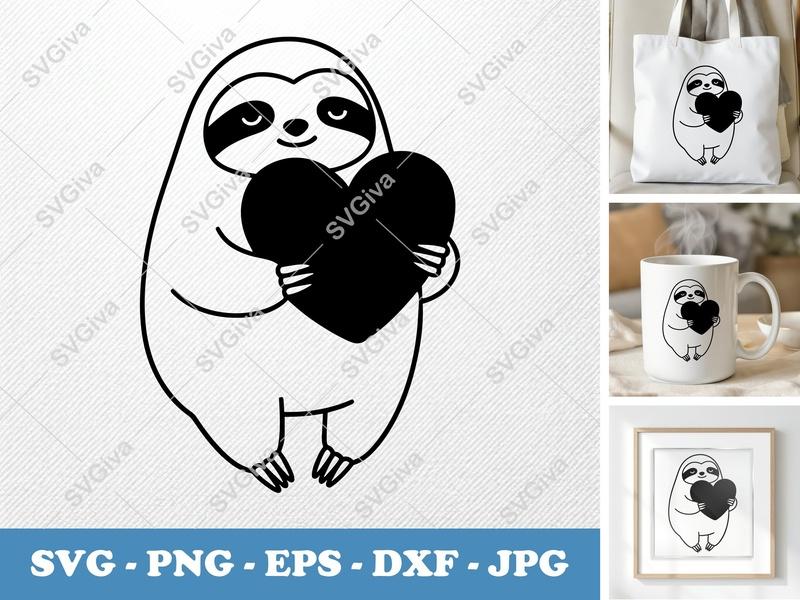 Sloth Holding Heart SVG | Puffy Pillow-Soft Design | PNG DXF EPS | Cricut Silhouette File