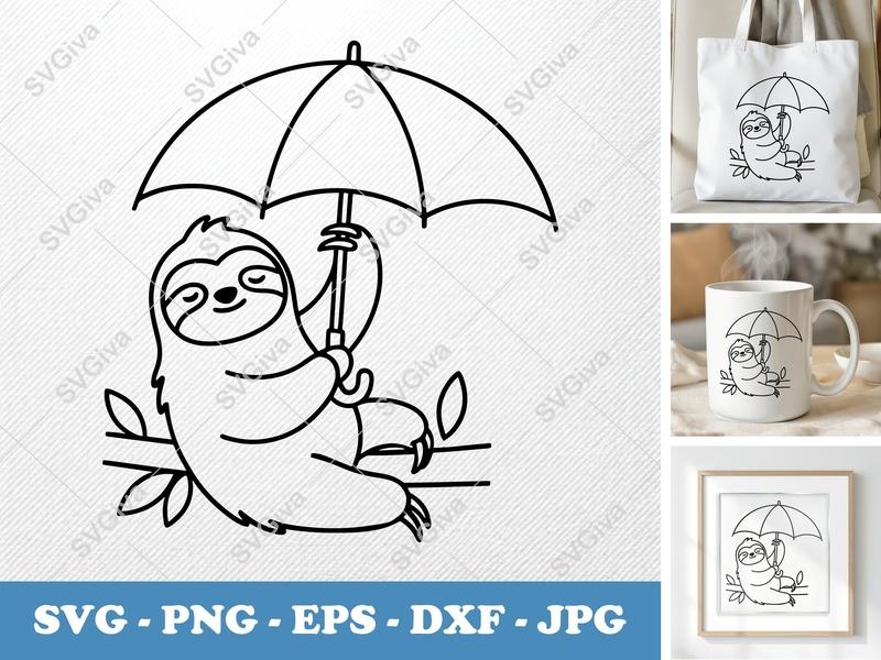Sloth holding umbrella SVG, Minimalist Outline Design | PNG DXF EPS | Cricut Silhouette Cut File