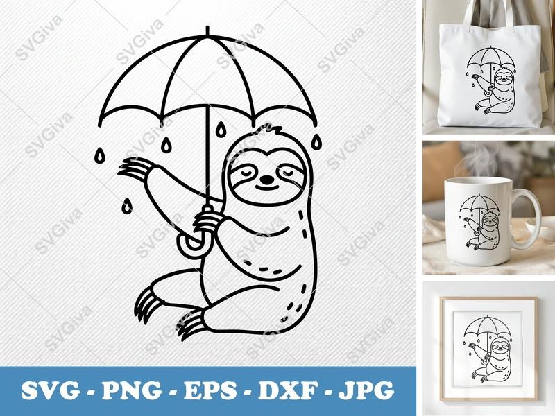 Sloth Holding Umbrella SVG PNG DXF EPS | Animal Cut File for Cricut Silhouette