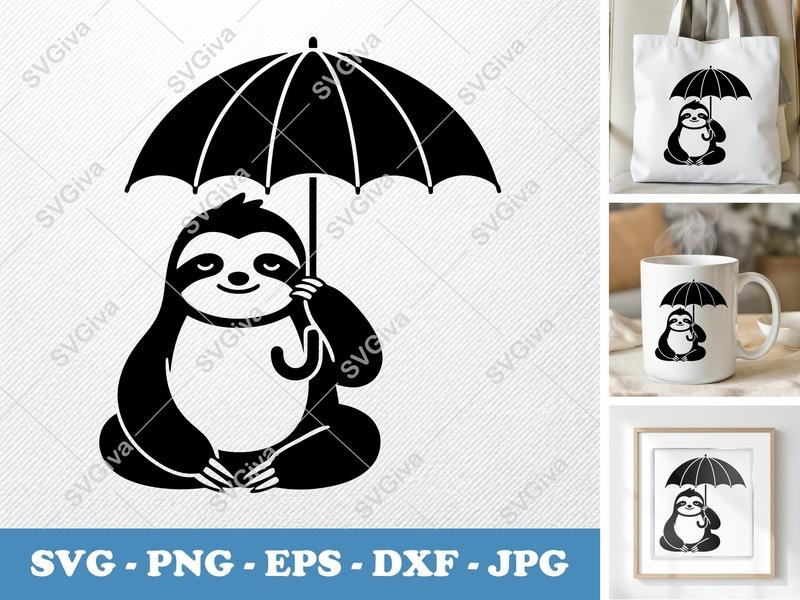 Sloth Holding Umbrella SVG | Puffy Soft Forms Cut File | PNG DXF EPS for Cricut Silhouette Vinyl Decal