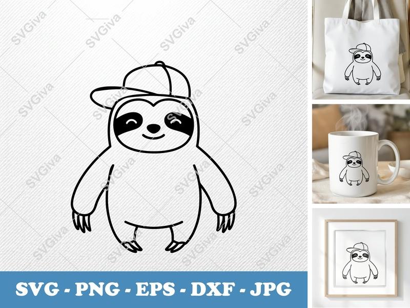 Sloth in a Cap SVG | Friendly Bean-shaped Sloth Design | Rounded Body Cut File for Cricut, Silhouette | PNG, DXF, EPS