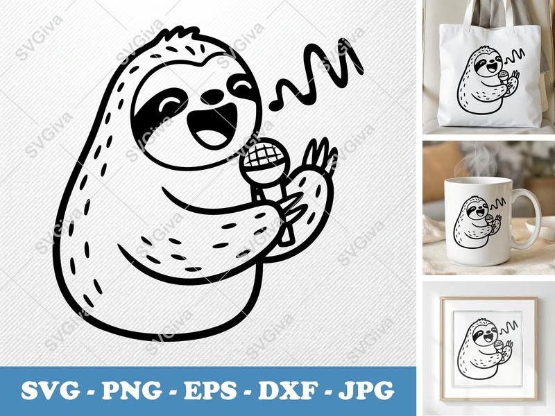 Sloth Singing SVG, Cute Karaoke Sloth PNG EPS DXF for Cricut | Silhouette, Animal Music Cut File, Modern Design