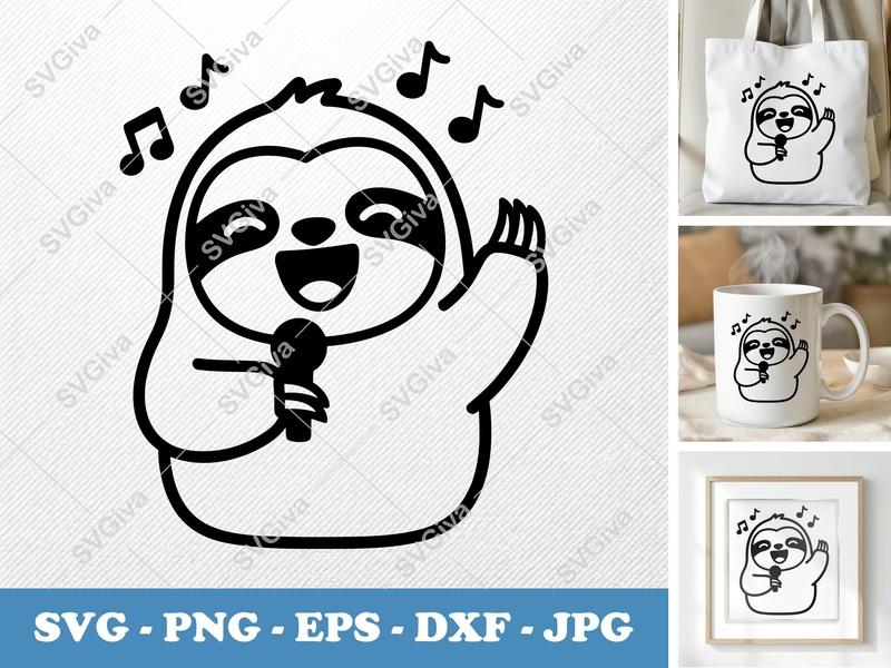 Sloth Singing SVG, Cute Karaoke Sloth PNG EPS DXF, Musical Animal Cut File for Cricut, Silhouette, Modern Design