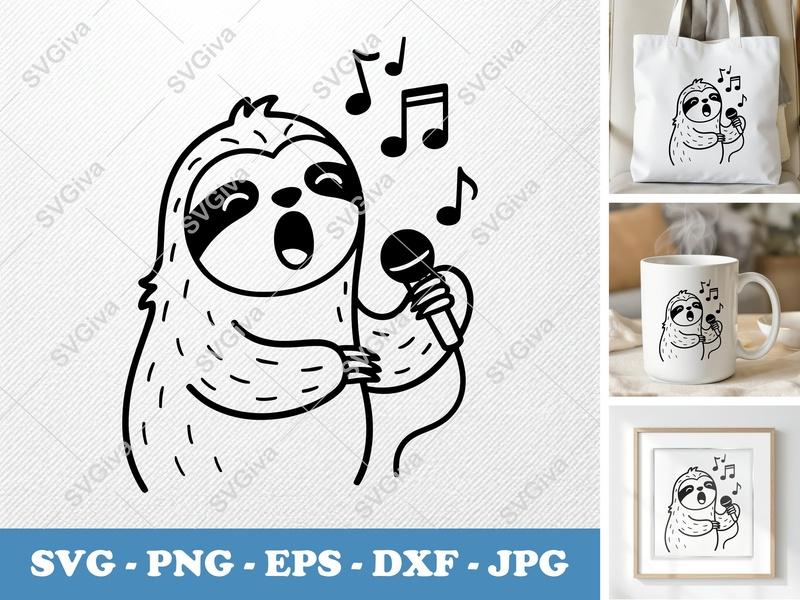 Sloth Singing SVG, Cute Music Design | PNG EPS DXF | Cricut Silhouette File | Animal Lover Gift, Funny Karaoke Clipart