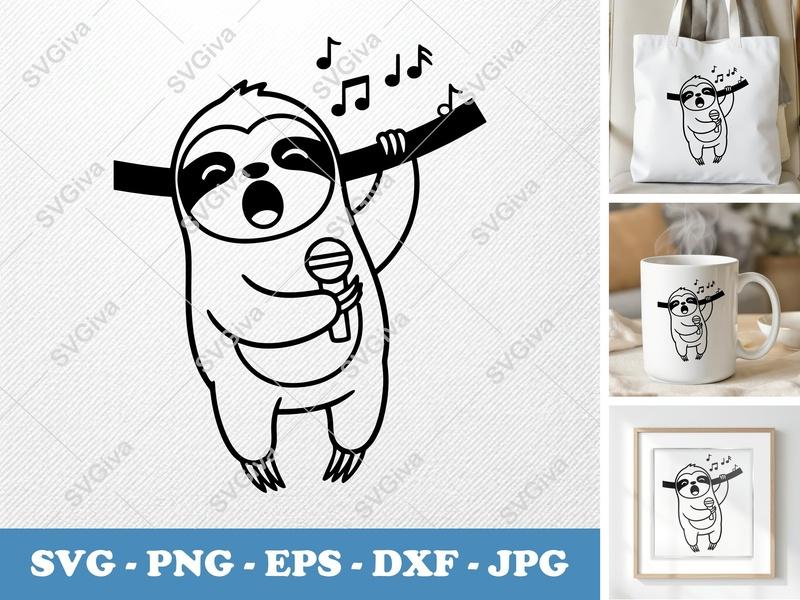 Sloth Singing SVG | Friendly Bean-Shaped Cut File | PNG DXF EPS | Cricut Silhouette Design