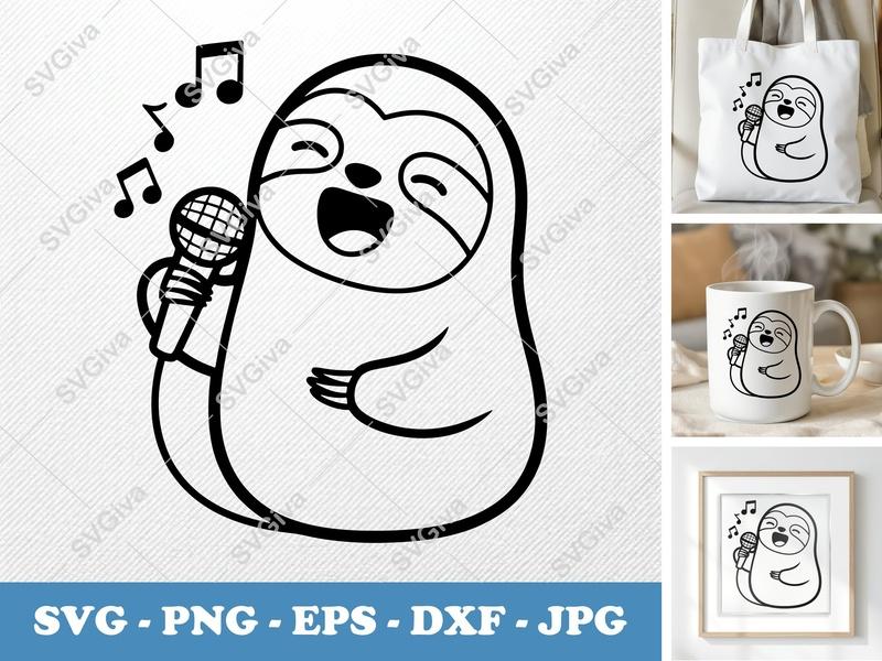 Sloth Singing SVG, Modern Karaoke Mic PNG, EPS, DXF Cut File for Cricut & Silhouette, Music Animal Clipart Design