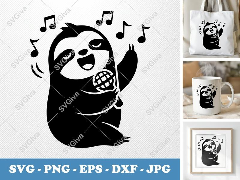 Sloth Singing SVG, Music Notes PNG, Karaoke EPS, DXF Cut File for Cricut & Silhouette, Modern Animal Clipart